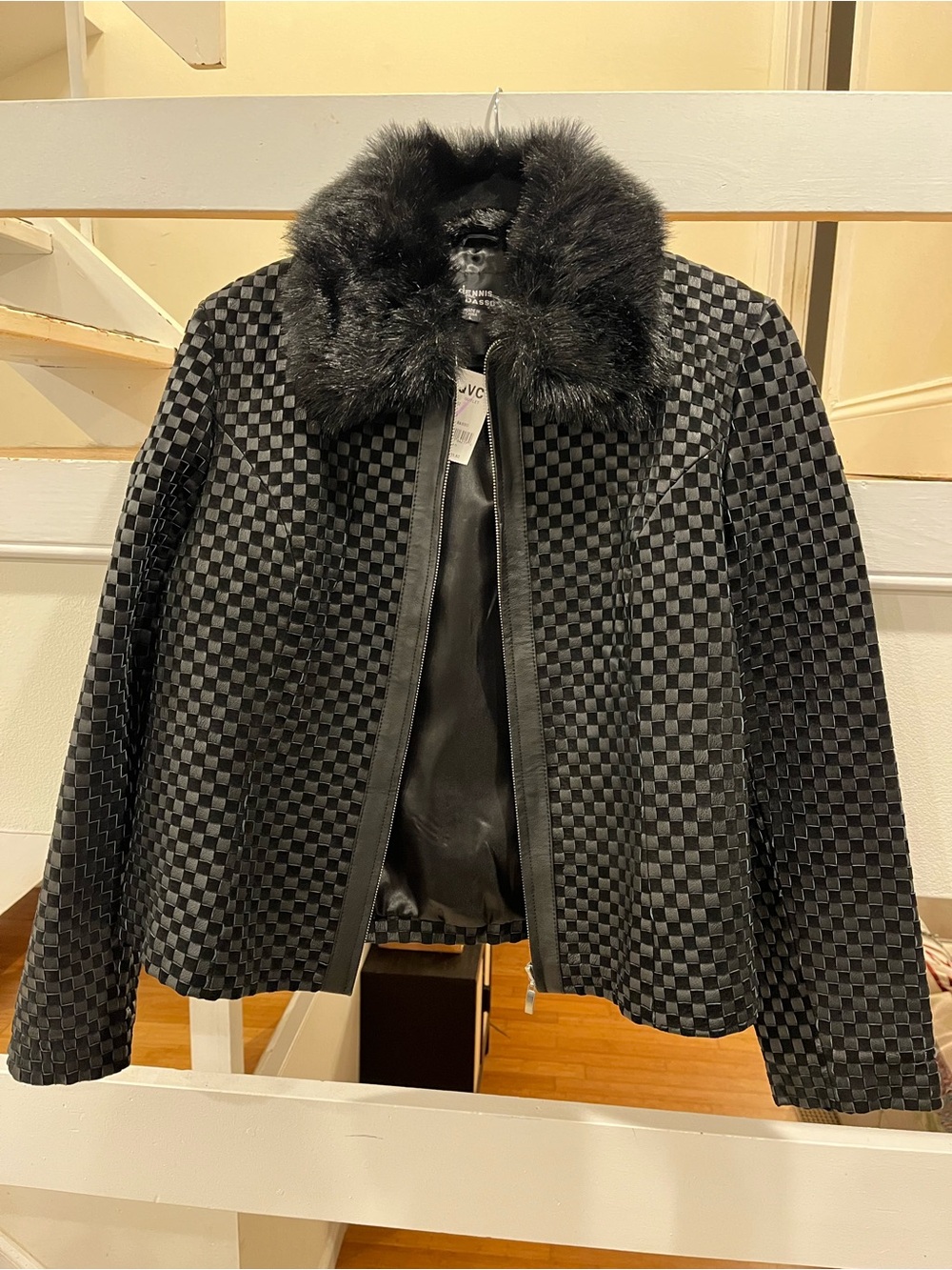 NWT Dennis Basso Y2K Woven Basketweave Checkered Leather Jacket with Fur Collar